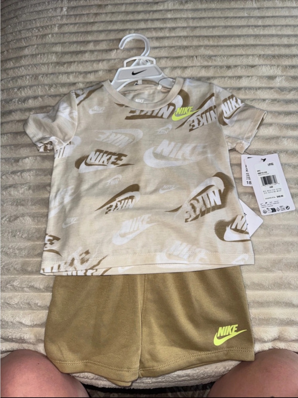 Nike Beige Toddler Tee with Neon Yellow Swoosh